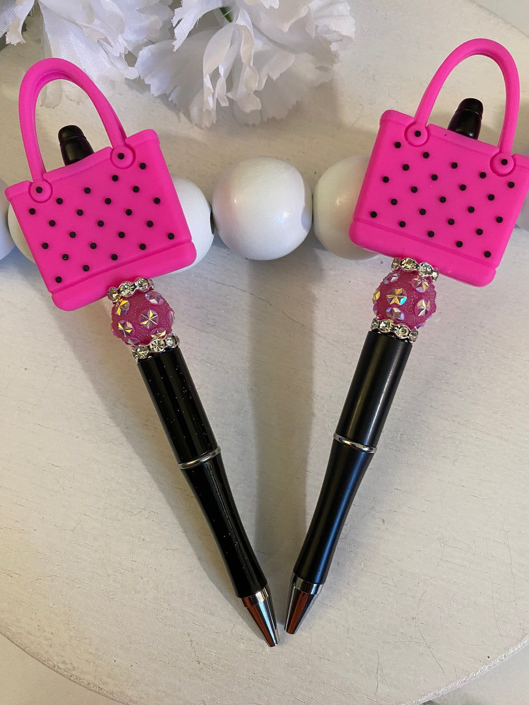June Collection - RTS - “Dark Pink Beach Bag”  Retractable Beaded Pens