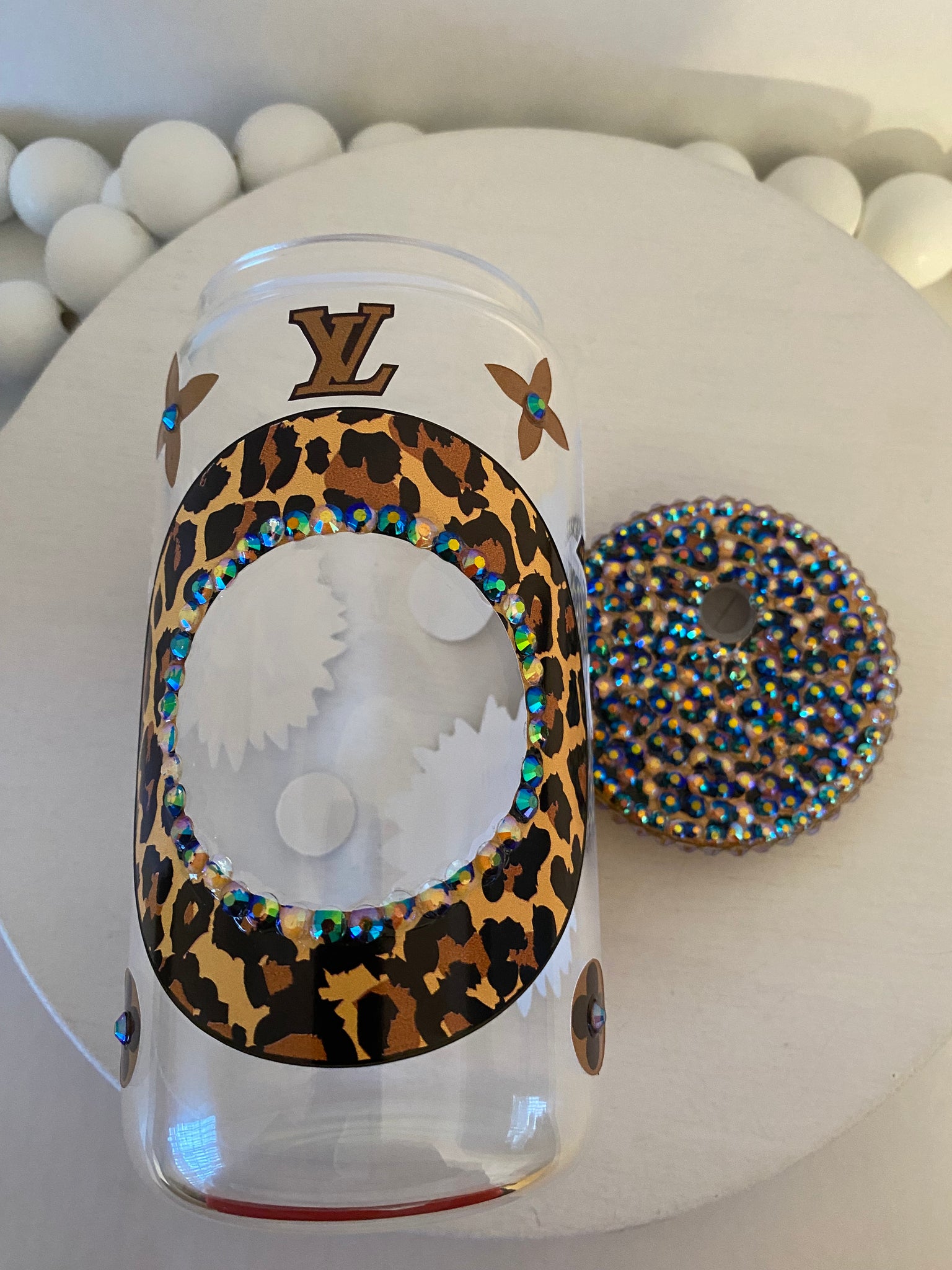 Leopard LV With Bling Lid Glass Cup – Designs By Lan