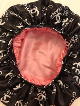 Load image into Gallery viewer, Satin Reversible Hair Bonnet - &quot;Chanel Logo Inspired&quot;
