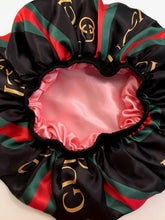 Load image into Gallery viewer, Satin Reversible Hair Bonnet - &quot;Gucci Logo Inspired&quot;
